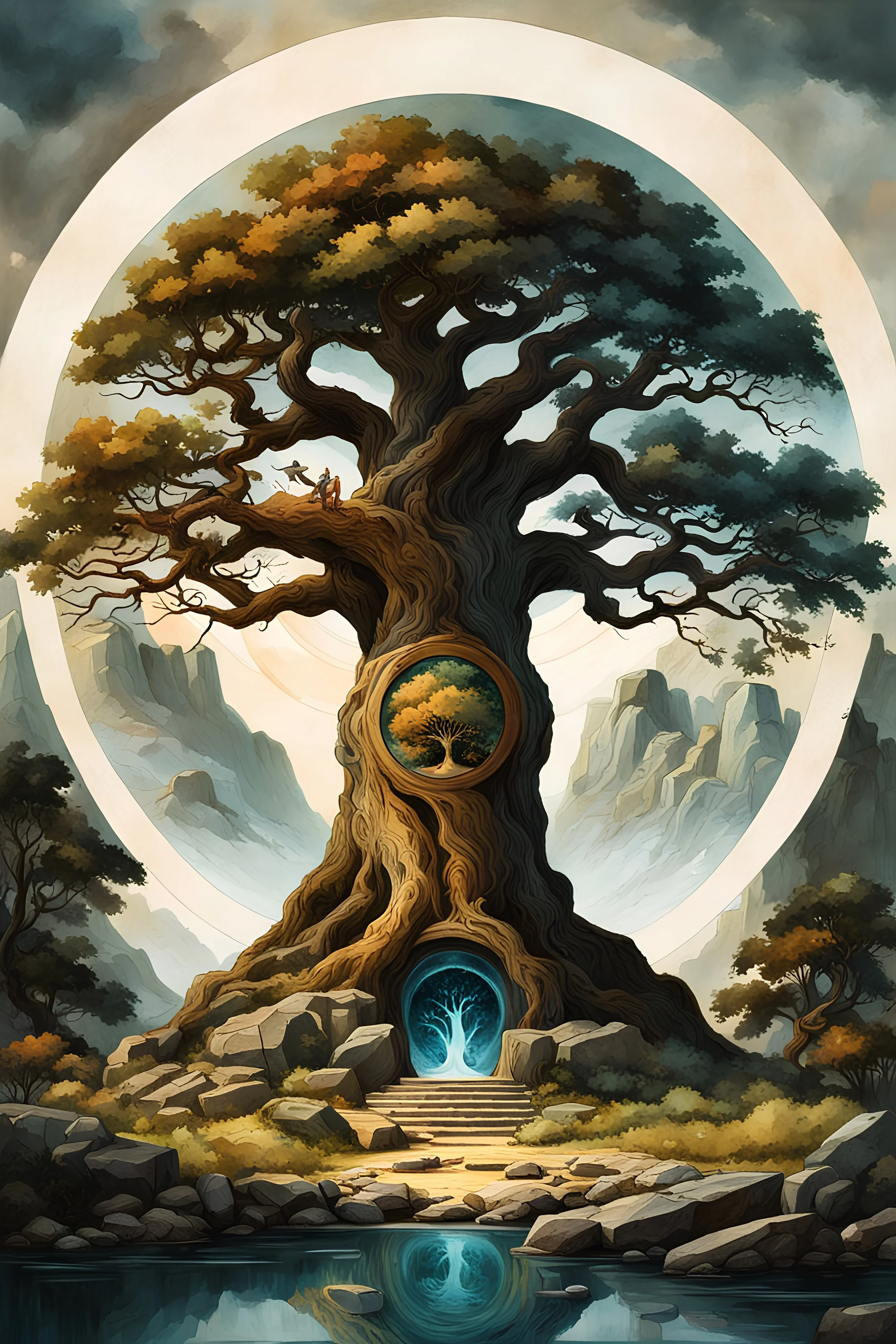 museum quality oil with watercolor underpainting of Yggdrasil, the world tree within a circle of ancient Druidic standing stones , in the style of Karl Bodmer, and Winslow Homer, rendered as an aquatint, with a fine art aesthetic, highly detailed , 8k UHD cinegraphic realism, dramatic natural lighting