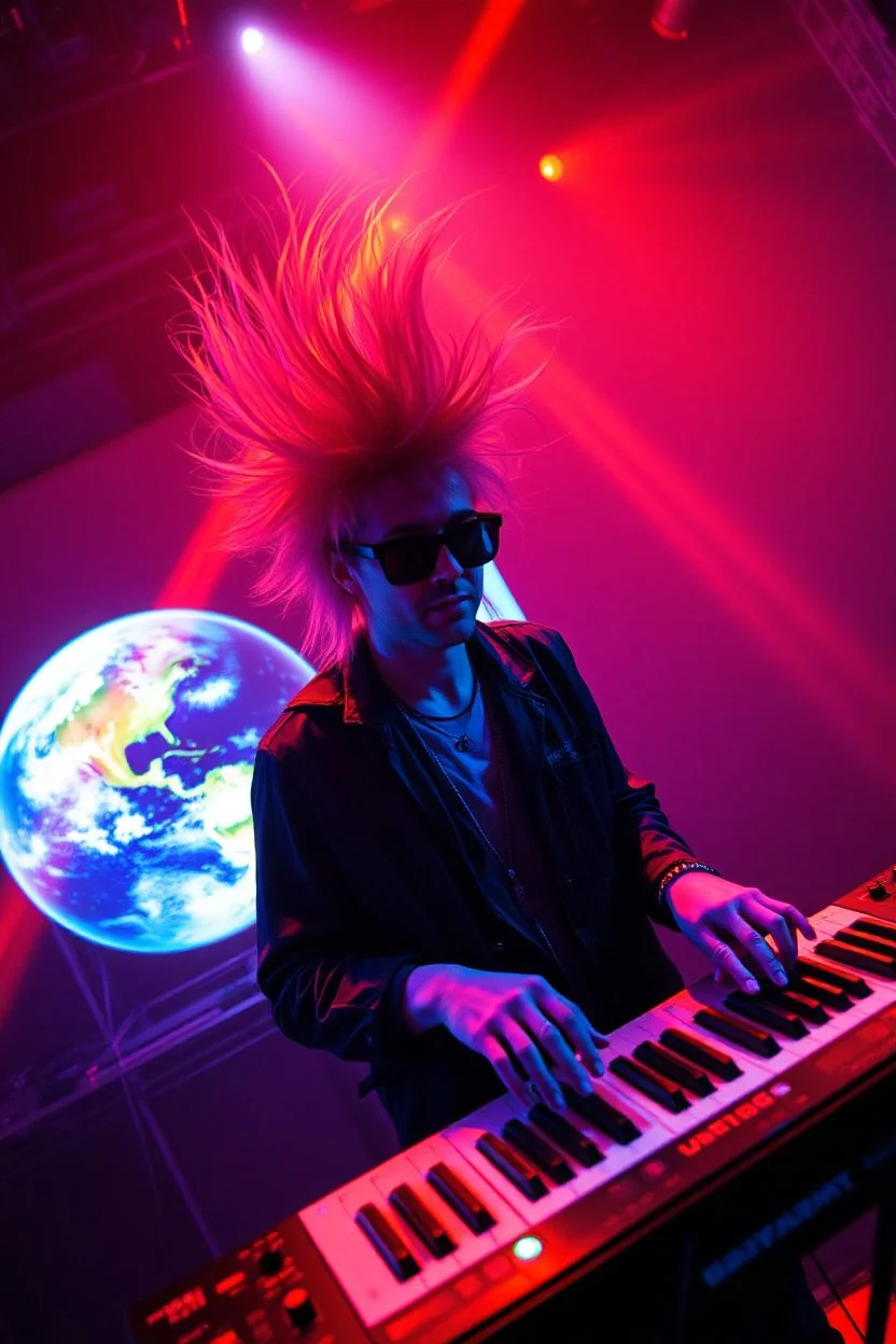 French cool synth player with crazy techno acid hair, he is called "Jean-Maurice Brûlée" performing at dance club, his name is "Jean-Maurice Brûlée" , white and orange Neon lights and oraNGE smog, and "URINIUM" big sign on the wall, he is playing on synthesizers on stage with lot of laser beams and wearing black sunglasses, an earth is projected in background