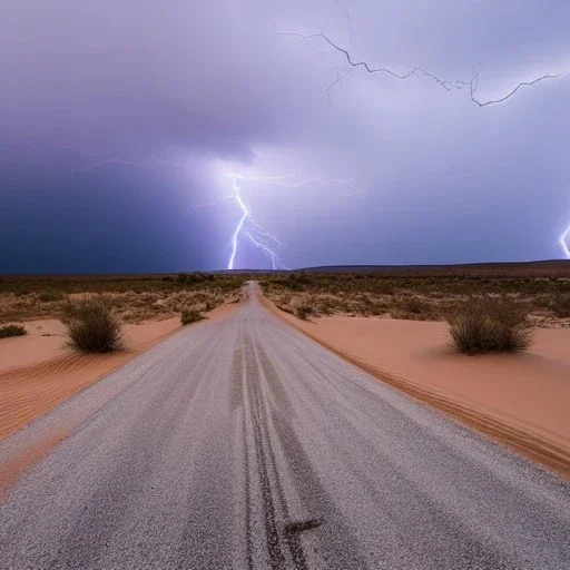 desert, storming, lightning, dunes, gray, road, landscape