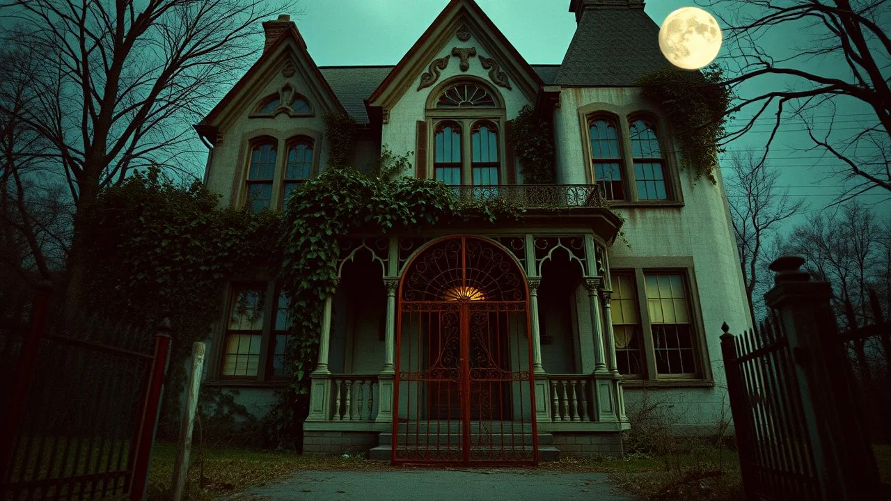 antique analog vintage, An abandoned Gothic mansion with a rusted iron gate, ivy climbing its walls, under a full moon casting a haunting light on the broken front porch., mutted teal and terracota color scheme, stained vignette, highly detailed found footage, desaturated faded film, film skratches and dust