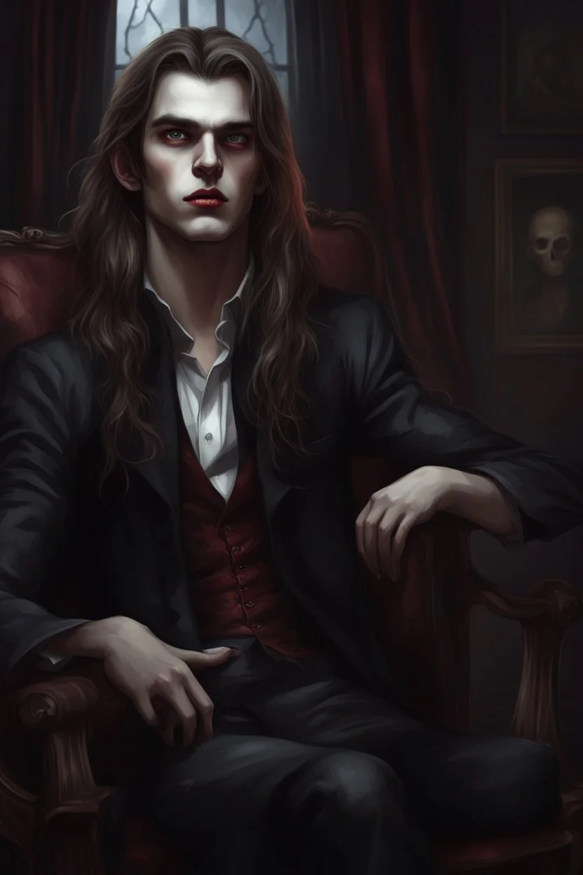 ragazzo vampiro di bellissimo aspetto giovane seduto su una poltrona con capelli lunghi stile realistico