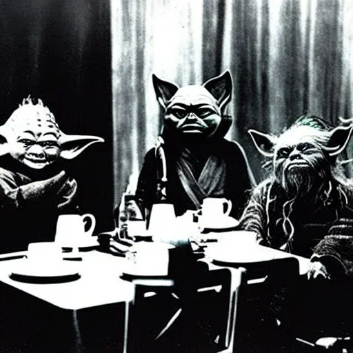 Creepy old photo of star wars Yoda and ewok type people sitting at dinner with scared children