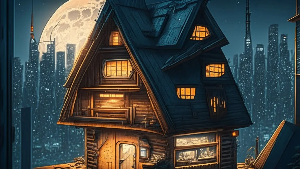 small german Cabin, In cyberpunk city-skyline, comic style, realistic coloring