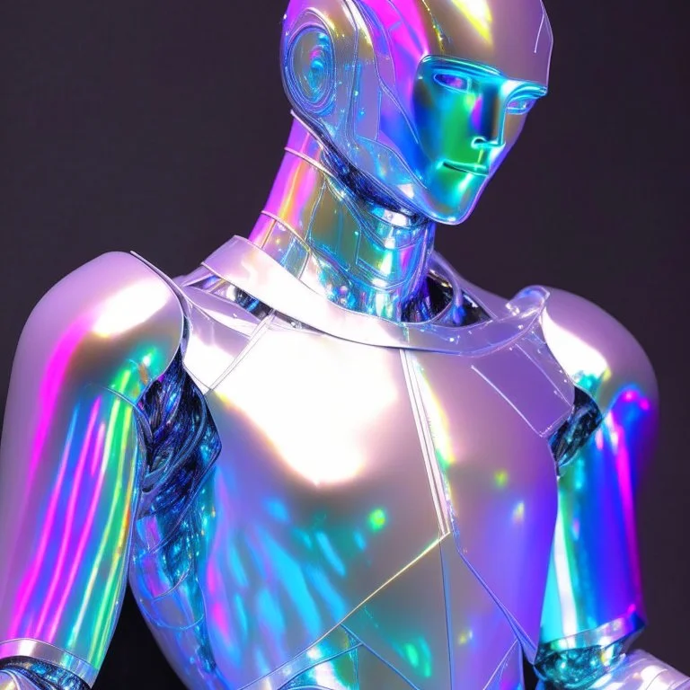 a male robot wearing a iridescent cloth