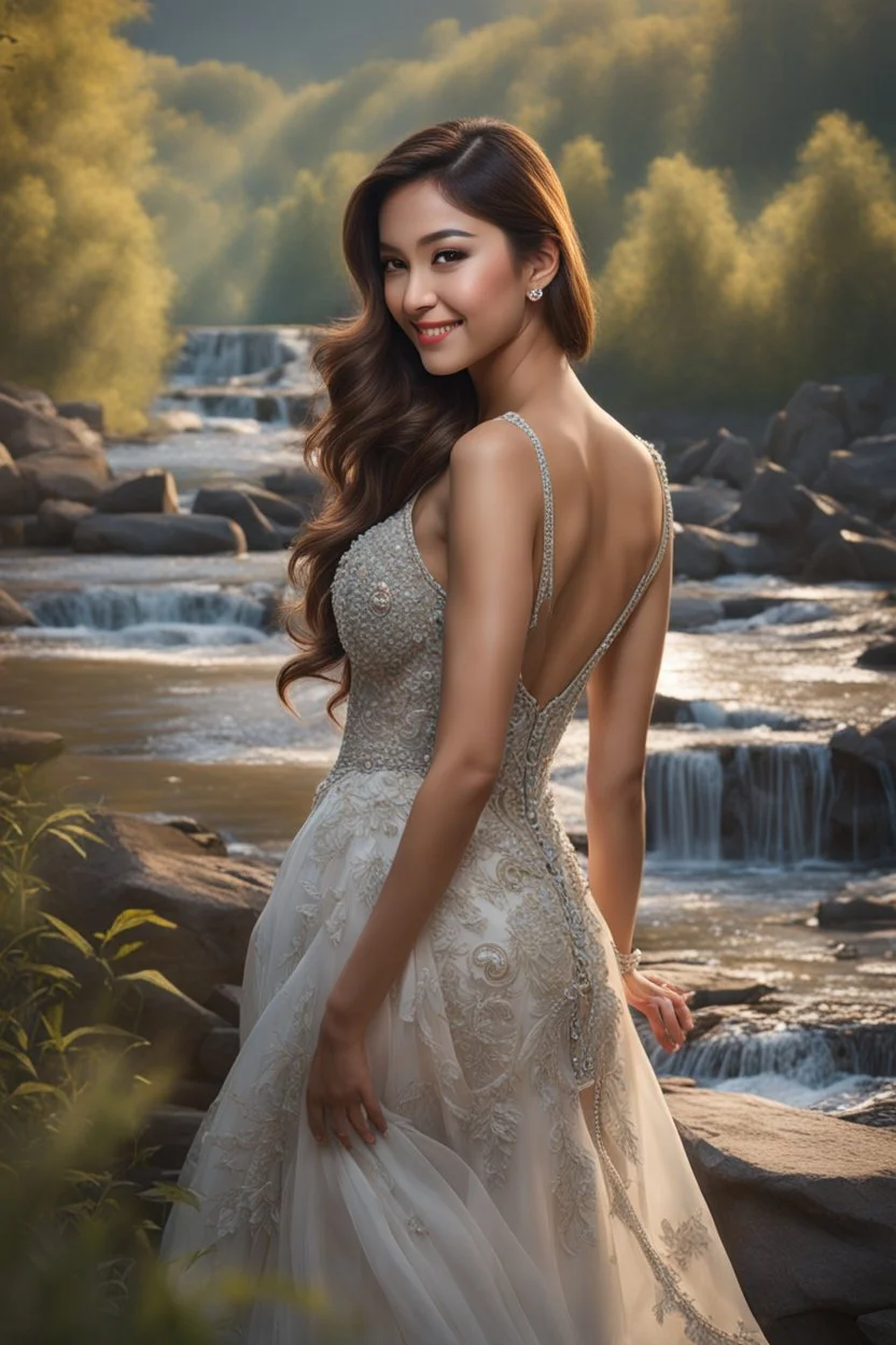 ((full shot body)) photo of the most beautiful artwork in the world featuring model, smiling, , High Detail, Sharp focus, dramatic, photorealistic, ultra sharp, ultra hd, hyper realistic, ultra realistic, ((((dress)))), trending on artstation, sharp focus, studio photo, intricate details, highly detailed, standing in nice pose in country side with river ,water fall ,rocky vally