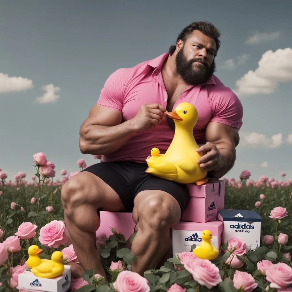 A big, hairy muscular man in a velvet Prada shirt sits in a field of pink roses next to yellow plastic ducks, eating candy, and Adidas boxes next to him.