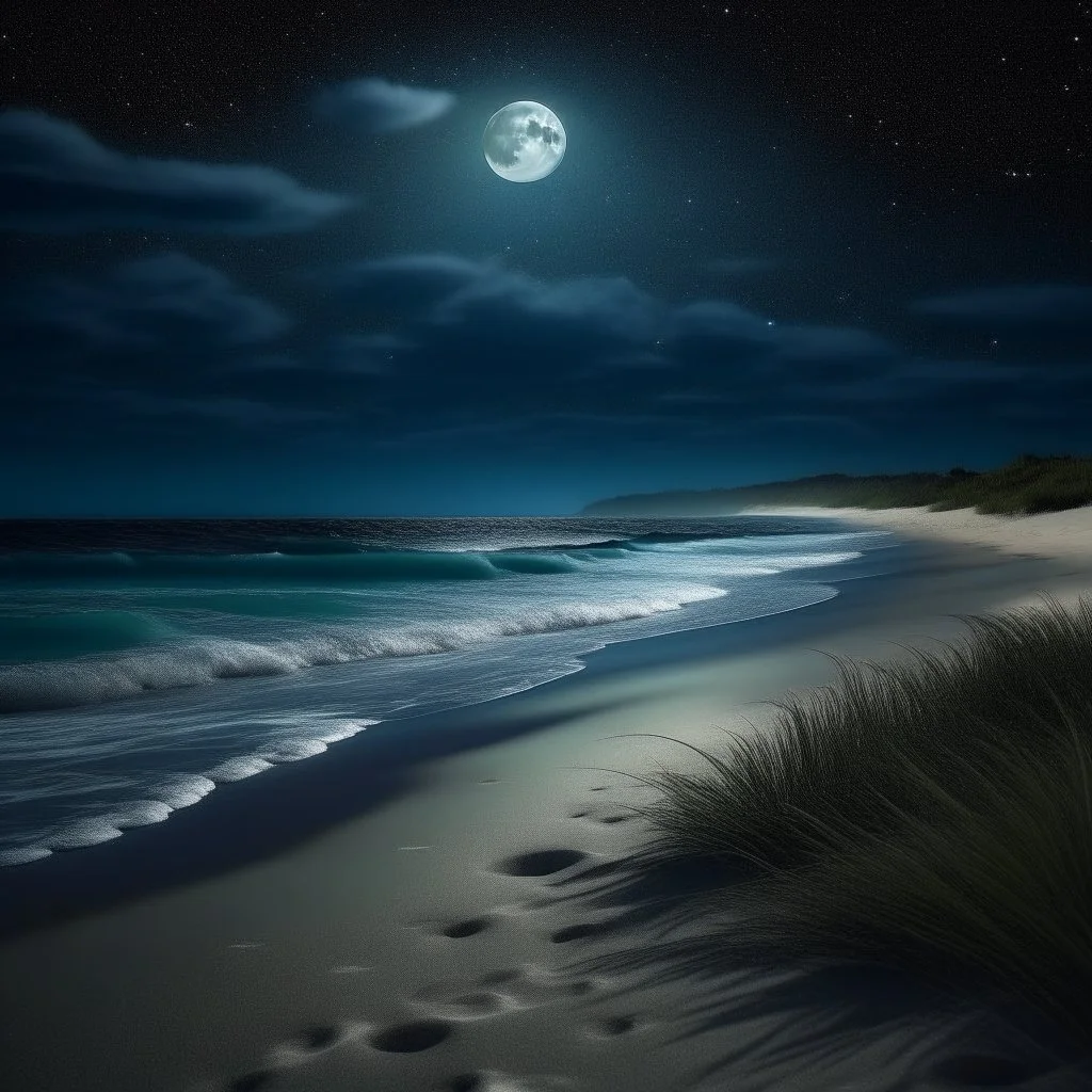 A tranquil beach at night, illuminated by a full moon and stars, with gentle waves lapping at the shore.