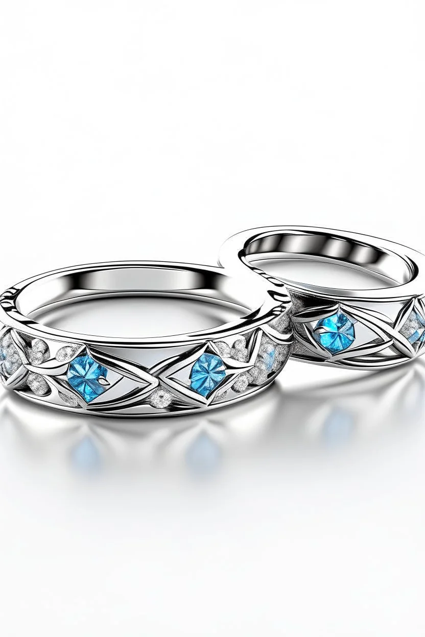 White gold couple rings in the shape containing diamonds blue