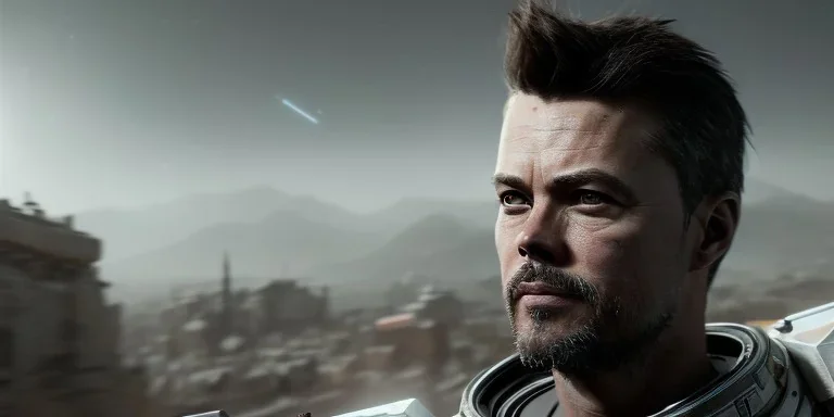 portrait, Handsome The Callisto Protocol Josh Duhamel, Space suit, post-apocalyptic in a cyberpunk city, realistic, intriacte detail, sci-fi fantasy style, volumetric lighting, particales,highly detailed,cinamatic, deep