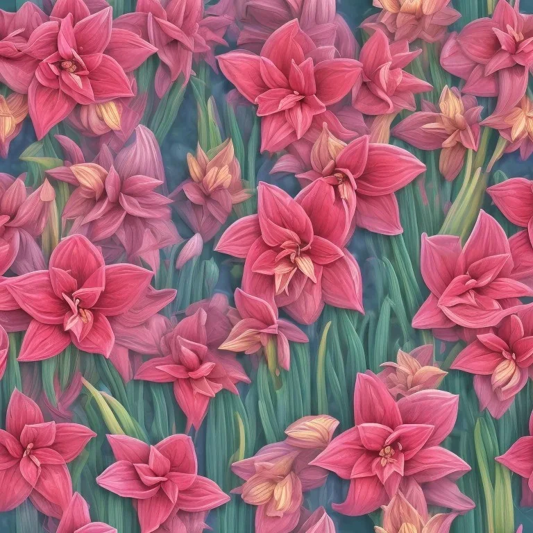 A highly detailed oil painting of intricate Amaryllis flowers, seamless pattern, Baroque