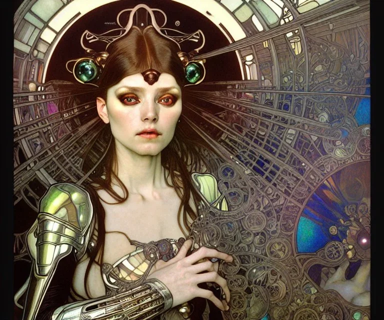 Realistic detailed face portrait of a beautiful futuristic Karen Carpenter queen in opudesignlent alien glass armor by alphonse mucha, ayami kojima, amano, greg hildebrandt, and mark brooks, female, feminine, art nouveau, ornate italian renaissance cyberpunk, iridescent venetian blown glass, neo - gothic, gothic, character concept