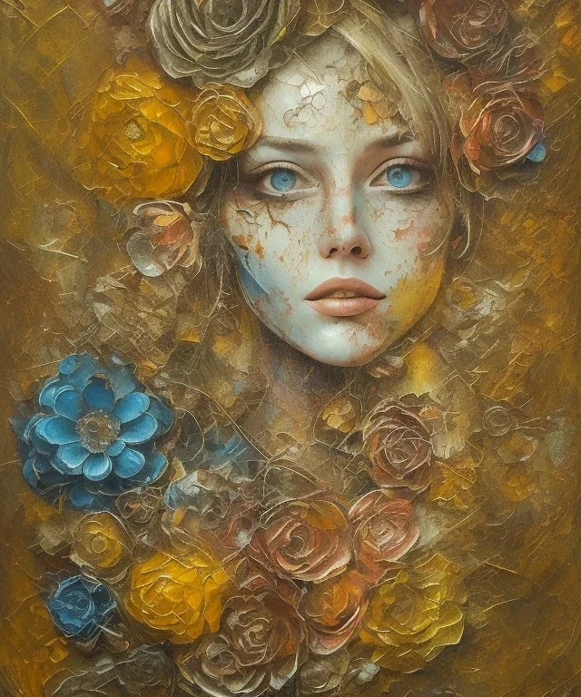  an abstract painting of rusted metal and flowers, rust, scaffolding, iron cladding, decay, mixed media, textured, anatomically correct, beautiful perfect face, sharp focus, highly detailed, injured face