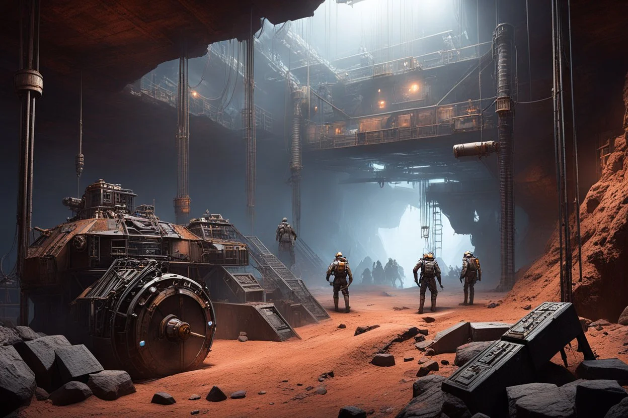 sci-fi enslaved in a mine, the group is mining in terrible conditions, they use dusty and rusty high tech tools
