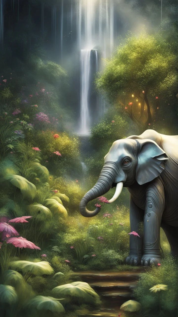 portrait of robot elephant in the garden, waterfall and elves ,lotsa wild weed, in spotlight, magazine cover illustration with spray paint, signed, bokeh like, down-light, unreal engine, prize winning