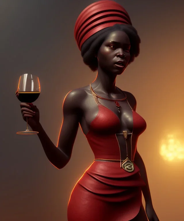 Negra Francisca, beautiful, curvy body, African slave, simple red fabric dress, beautiful long black hair, red headband, head and shoulders portrait, holding glass of wine, 8k resolution concept art portrait by Greg Rutkowski, Unreal Engine 5 volumetric lighting