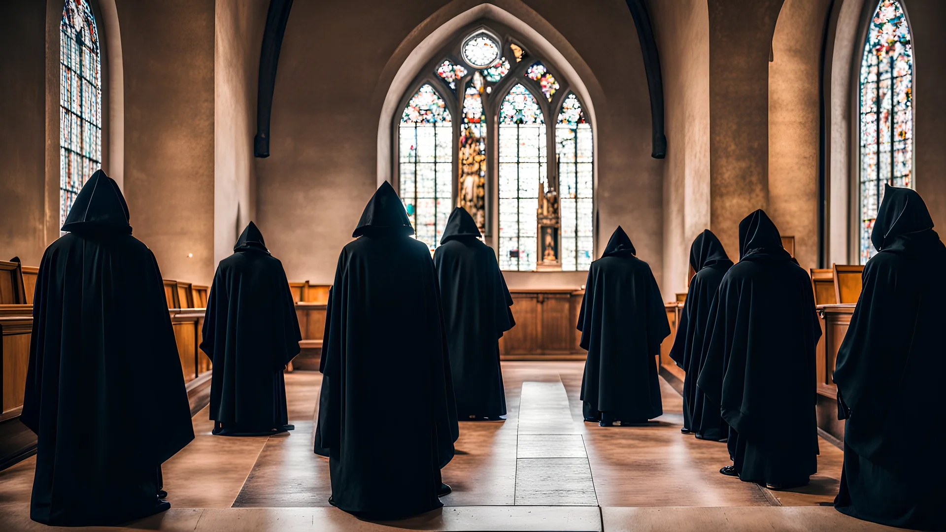 black robe hooded monks in the chapel