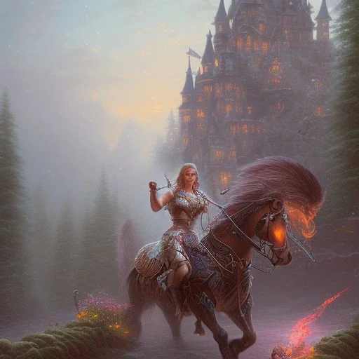 cinematic, majestic female barbarian, bodybuilder woman, bokeh, castle fortress, by thomas kinkade mark keathley terry redlin