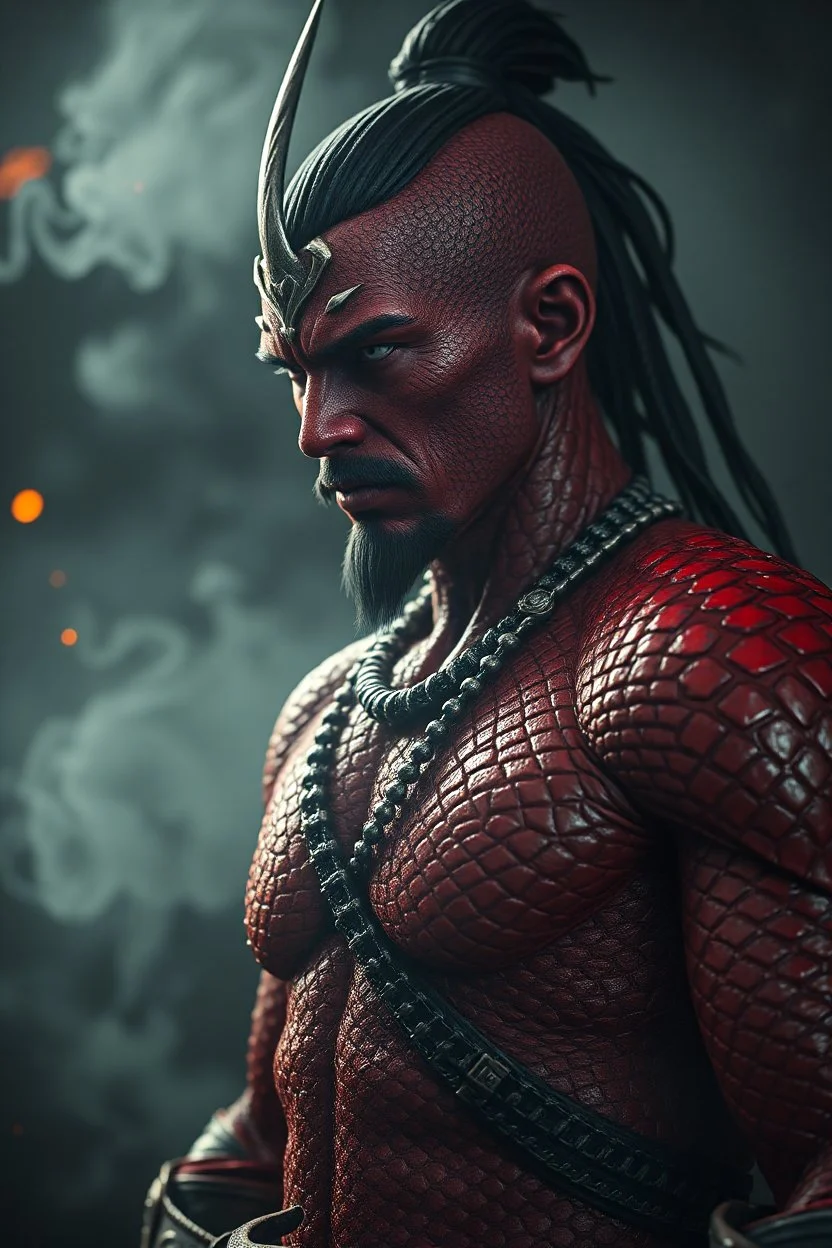 Sam in red skin, scales, unreal engine 6, high detail, intricate, cinematic. photoshoot style, intricate, studio lighting, Fire, smoke, masterpiece , highly detailed, 8k, best quality, dramatic,d,<lora:mshn:0.7>,<lyco:Warrior_Couture:0.5>,