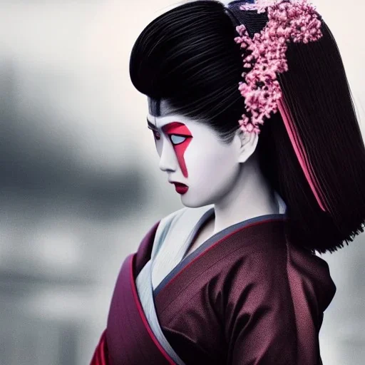 japan head portrait,geisha makeup, meditation 8k quality , portrait,beautiful ghost in the shell , post-apocalyptic in a sin city, realistic, intriacte detail, sci-fi fantasy style, volumetric lighting,24mm , particales,highly detailed,cinematic, deep purple ,sad