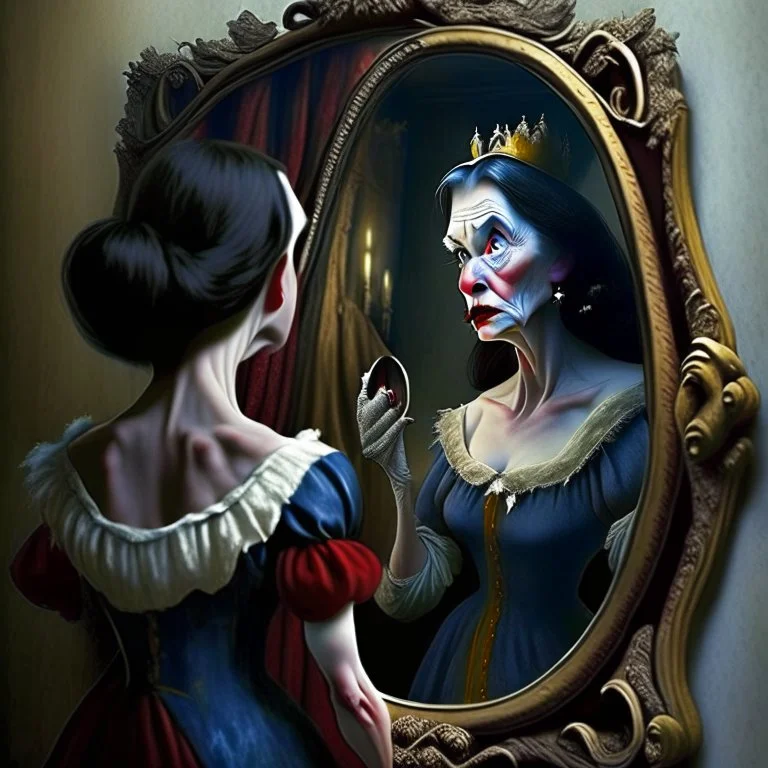 Snow White's stepmother stands in front of the mirror and asks a mirror, a mirror on the wall, who is the most beautiful of them all? From the mirror she sees a picture of an ugly and disgusting witch