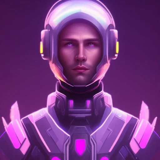 Cute boy face, Sci-fi character, purple backlight, pink and purple, scifi suit, profile, purple background, pink lighting