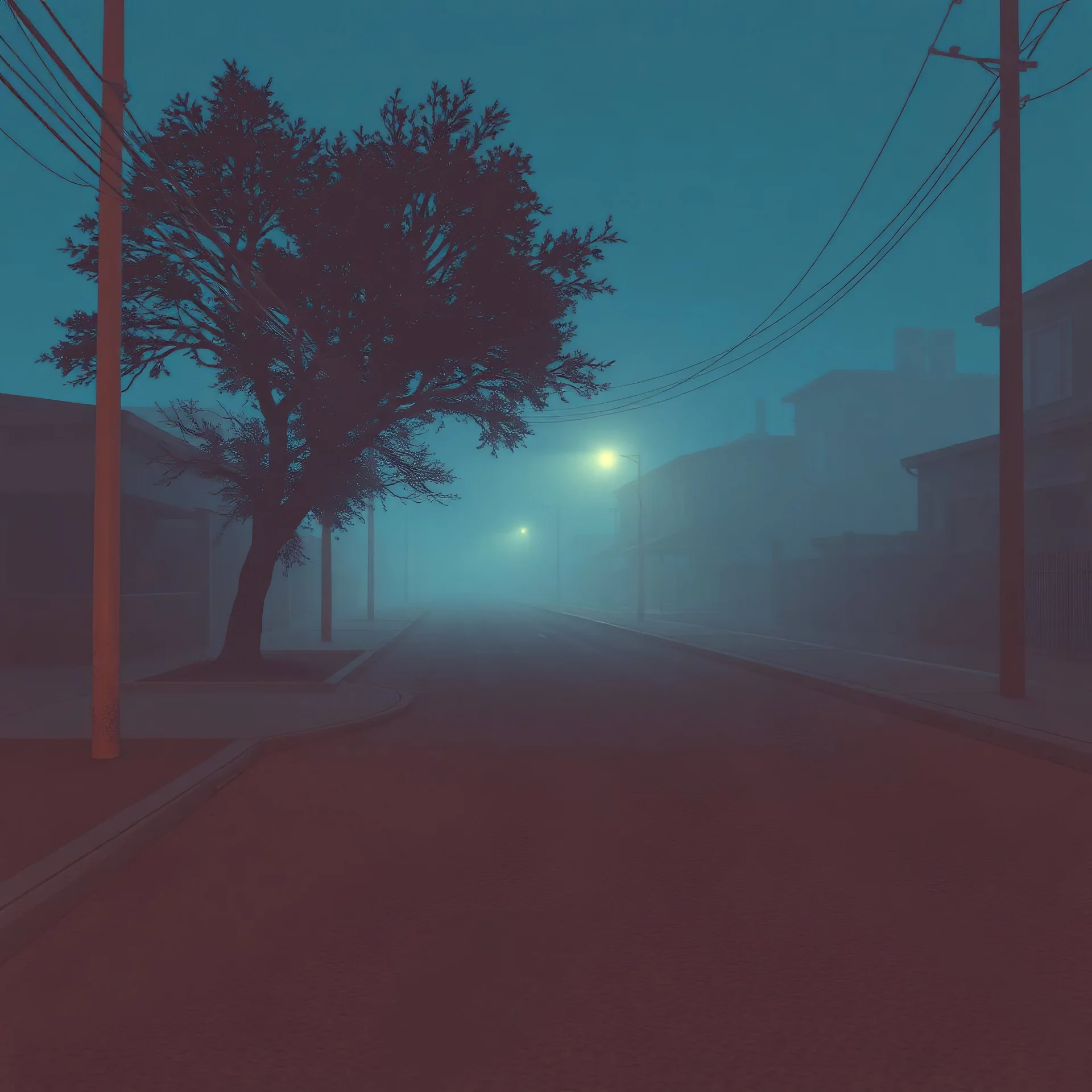 A schematic, nostalgic, vaporwave-style image of a dimly lit, foggy street in the outskirts with a pastel blue and brown color scheme. The street has a textured, rough surface. There is a tree in the corner. The background contains a few buildings. The overall atmosphere is eerie and foggy.