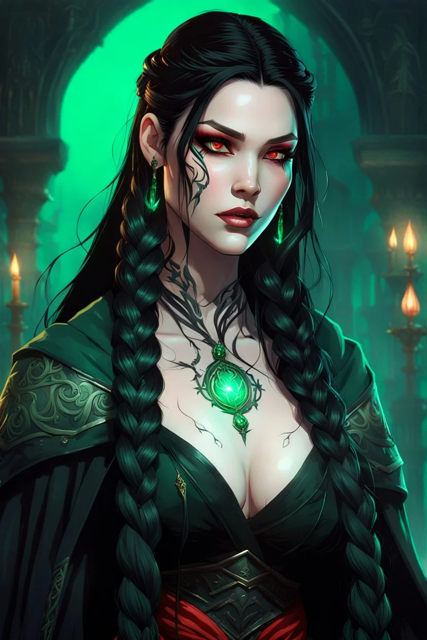 Beautiful young Hexblood warlock female character. Long straight jet-black hair to the waist. Half-up hairstyle with two loose Dutch braids on each side. Bright glowing pale emerald-red eyes. Delicate face. High cheekbones. Full lips. Soft smile. Faint dark vine-like markings on face, neck and collarbone. Black long cloak. Scars, markings and tattoos Realistic dark fantasy. Highly detailed. Cinematic lighting.