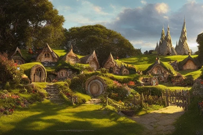 The town of Hobbiton in the Summer, the shire, landscape, highly detailed, perfect lighting, perfect composition, 4 k, artgerm, derek zabrocki, greg rutkowski