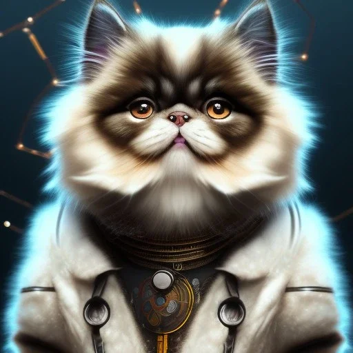 Cyberpunk Portrait of cyborg Persian cat child with brown hair and with cute face, north pole snowy vibe , perfect composition, hyperrealistic, super detailed, 8k, high quality, trending art, trending on artstation, sharp focus, studio photo, intricate details, highly detailed, by greg rutkowski