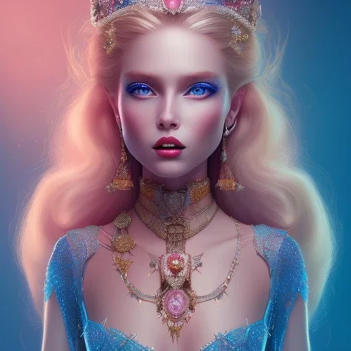 a princess with a lot of jewellery, long blonde hair, pink lipstick, blue eyes,with featheres dramatic, dramatic lighting, pixar style, volumetric lighting, hyperrealism, 8k, high quality, photorealistic, lot of details