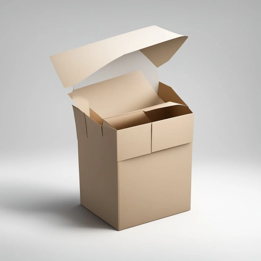 illustration of a carton moving box with an envelope in it against a white background. Full frame