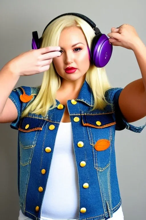 blonde taking selfie.thick thighs,thick calves,flat belly,curvy fell. New kind of bolero is sewed of upcycled Denim, which condescend. It is sewed together of camouflage pieces, whose color are all denim colors, orange, cream and purple. Big colored headphones (gold rings!) is merged with small felt cap with small visor. It is with big bright purple felt tippet and birght-colored-hood is merged with colorful beanie. Style: Haute Couture, 1980's Finland, N.Y.C fashion in 2023