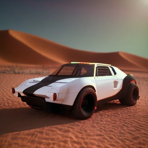 3d rendering. futuristic white black yellow red car. Buried in desert sand. Lost in Time, cinematic lighting