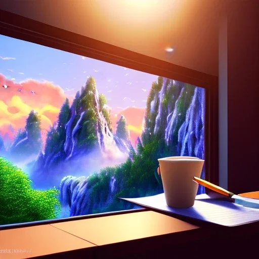 desk, parquet, sheet of paper, little pen, person seat on chair in white shirt in front of a huge picture window with large view on a waterfall with warm light, sunset ,pixar style, panorama, nature, globe, HD, Hallelujah mountains