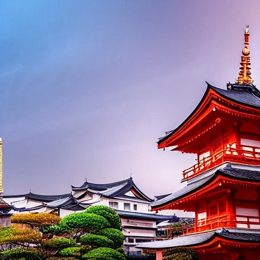 Yasaka Pagoda at the end of Sannen Zaka Street in Kyoto Japan, flickering light, morning sky mist, 8k, high-quality, ultrafine-detail, intricate, detailed matte painting, digital art, brian froud, howard lyon, anna dittmann, Greg Rutowski, alphonse mucha