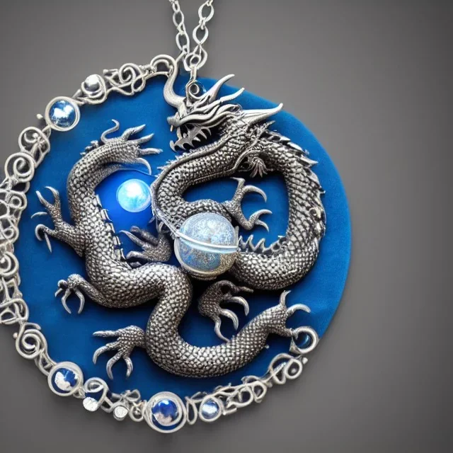 a gorgeous, stunning pewter and silver necklace of a dragon clutching an illuminescent moonstone lying on a blue velvet cloth with ornate crystal ball behind necklace, 8k resolution, high-quality, fine-detail, photorealistic, intricate, digital art, detailed matte, volumetric lighting, illustration, 3D octane render, brian froud, howard lyon, selina french, anna dittmann, annie stokes, lisa parker, greg rutowski, George Grie, Ben Goossens, Igor Morski