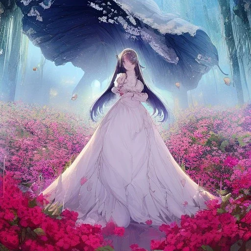 beautiful anime girl wearing a yellow and white dress ,standing in a meadow of flowers, spreading rose pedals on the ground