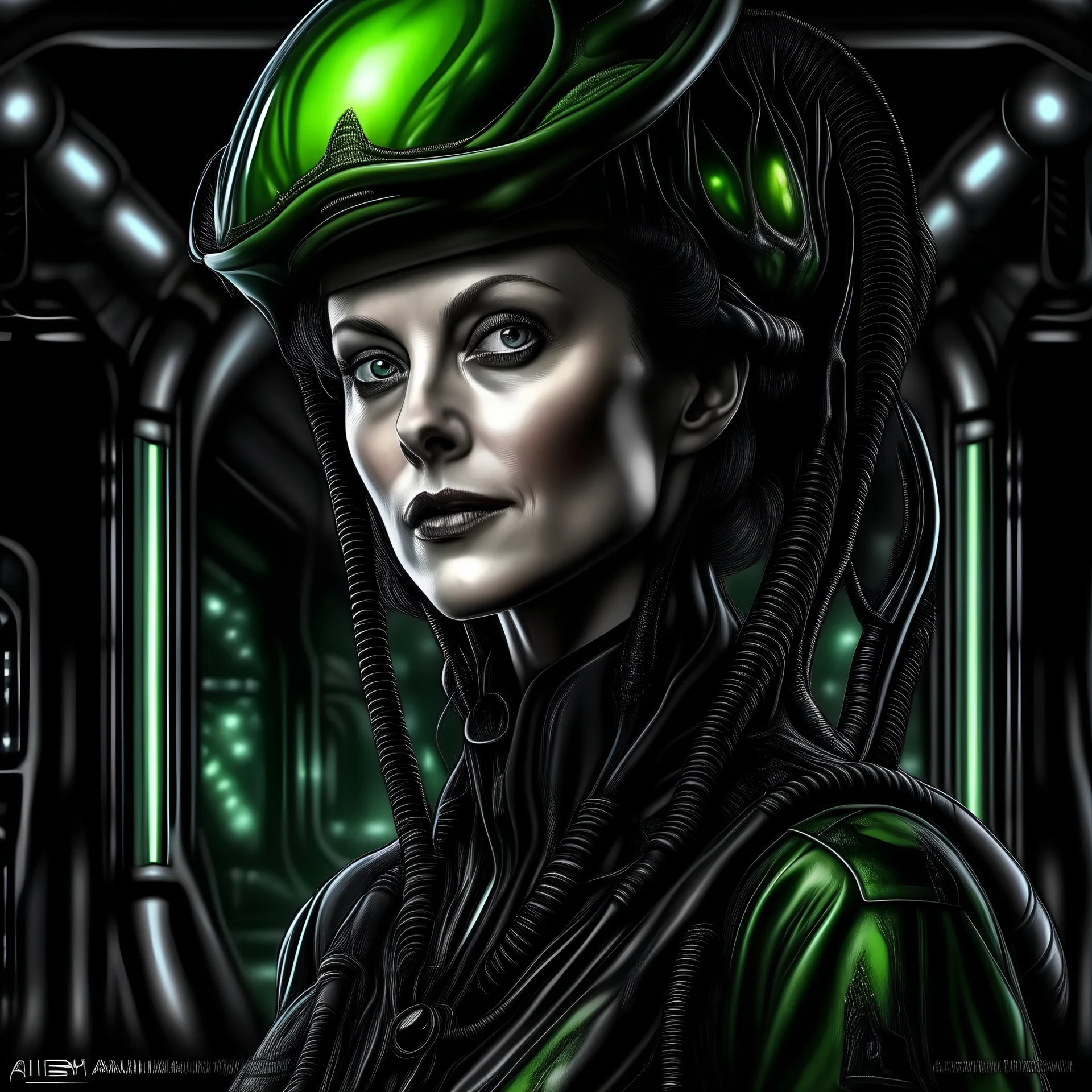 Ripley from the alien films as a disney princess with H.R. Giger style biomechanical background