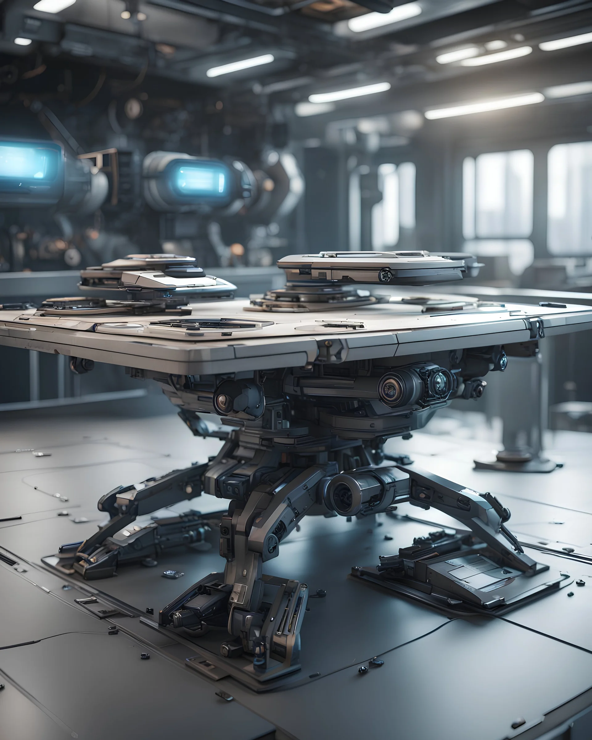 futuristic table hitech technological gadgets HAWKEN photorealistic uhd 8k VRAY highly detailed HDR