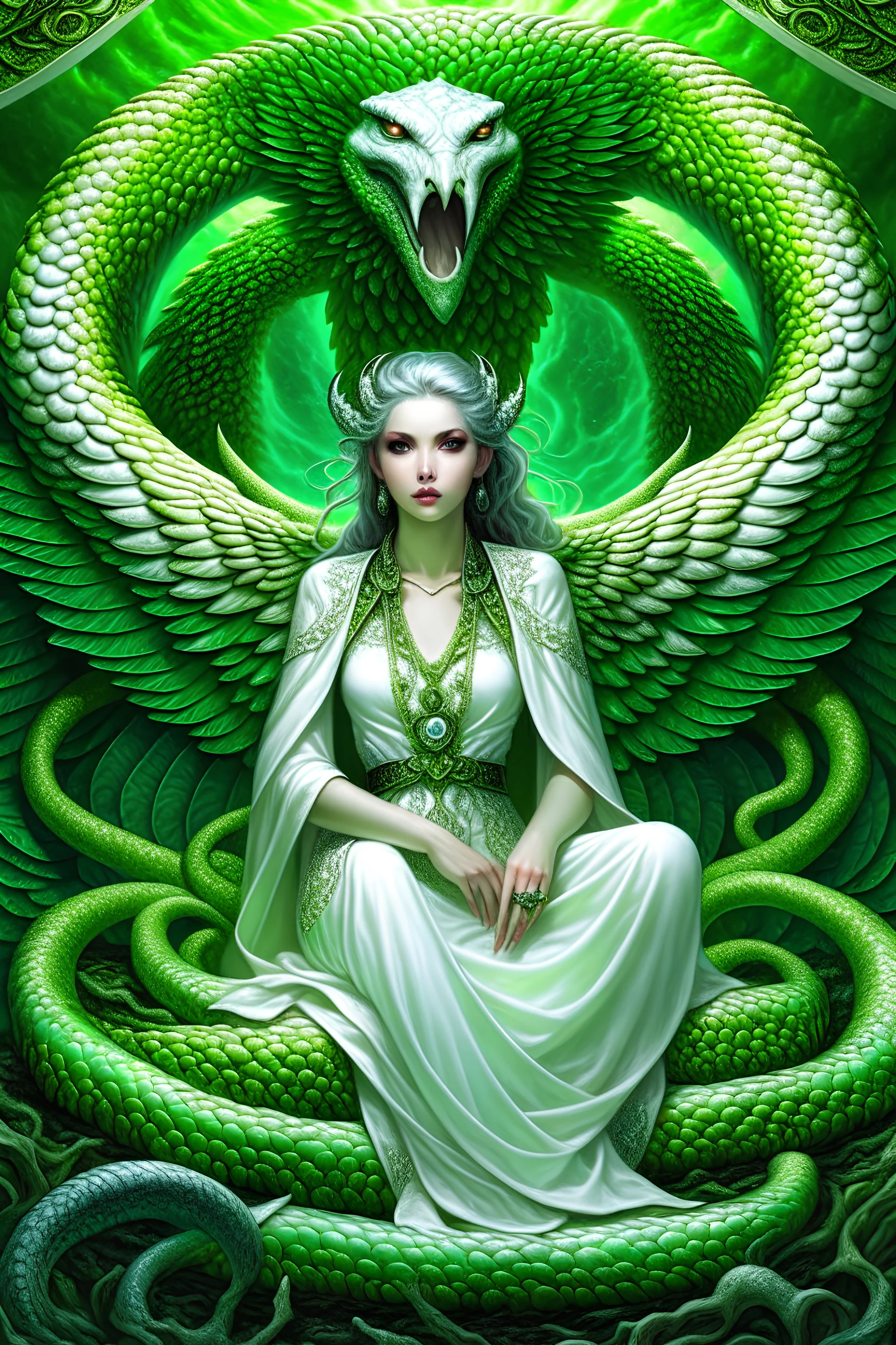 White angel with green makeup on, textured realistic snakes around sitting on a thrown extremly detailed concept art