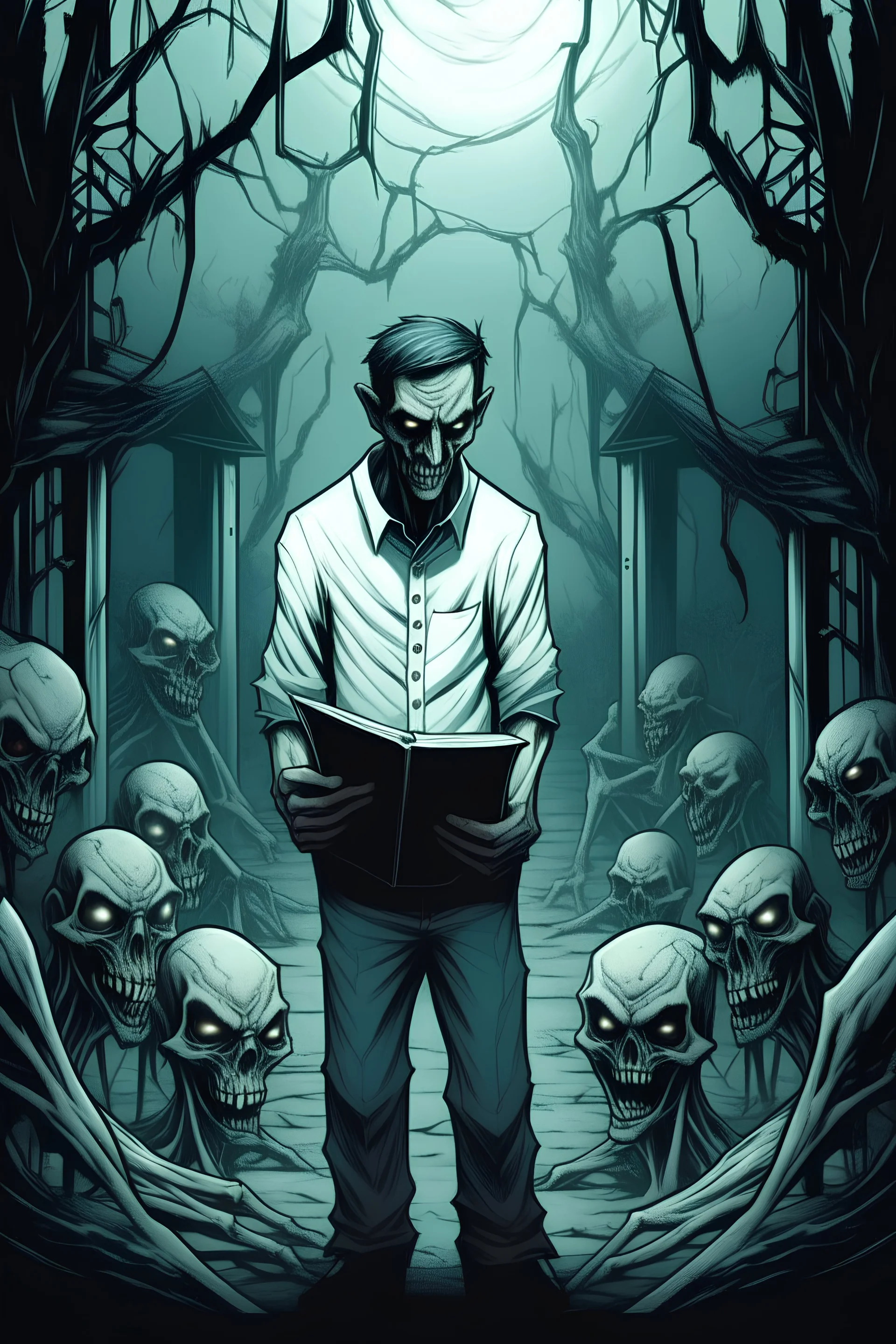 The cover design of the novel is a demon standing among the graves and wearing the white shirt of a psychiatric hospital