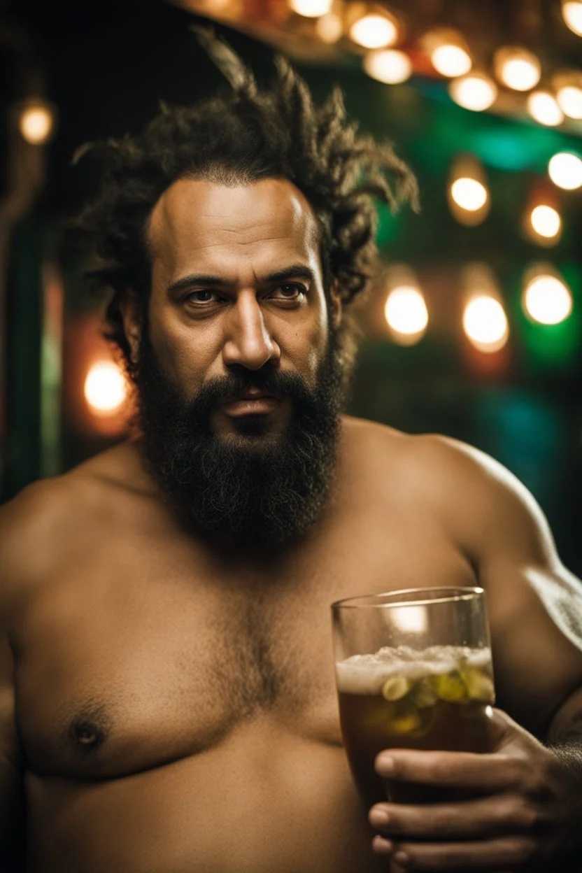 half figure photography of a rastaman chubby muscular strong 39-year-old arab in a discoteque, ajar mouth, shirtless, short beard, bald, drinking cocktail, manly chest, very hairy, side light, view from the ground