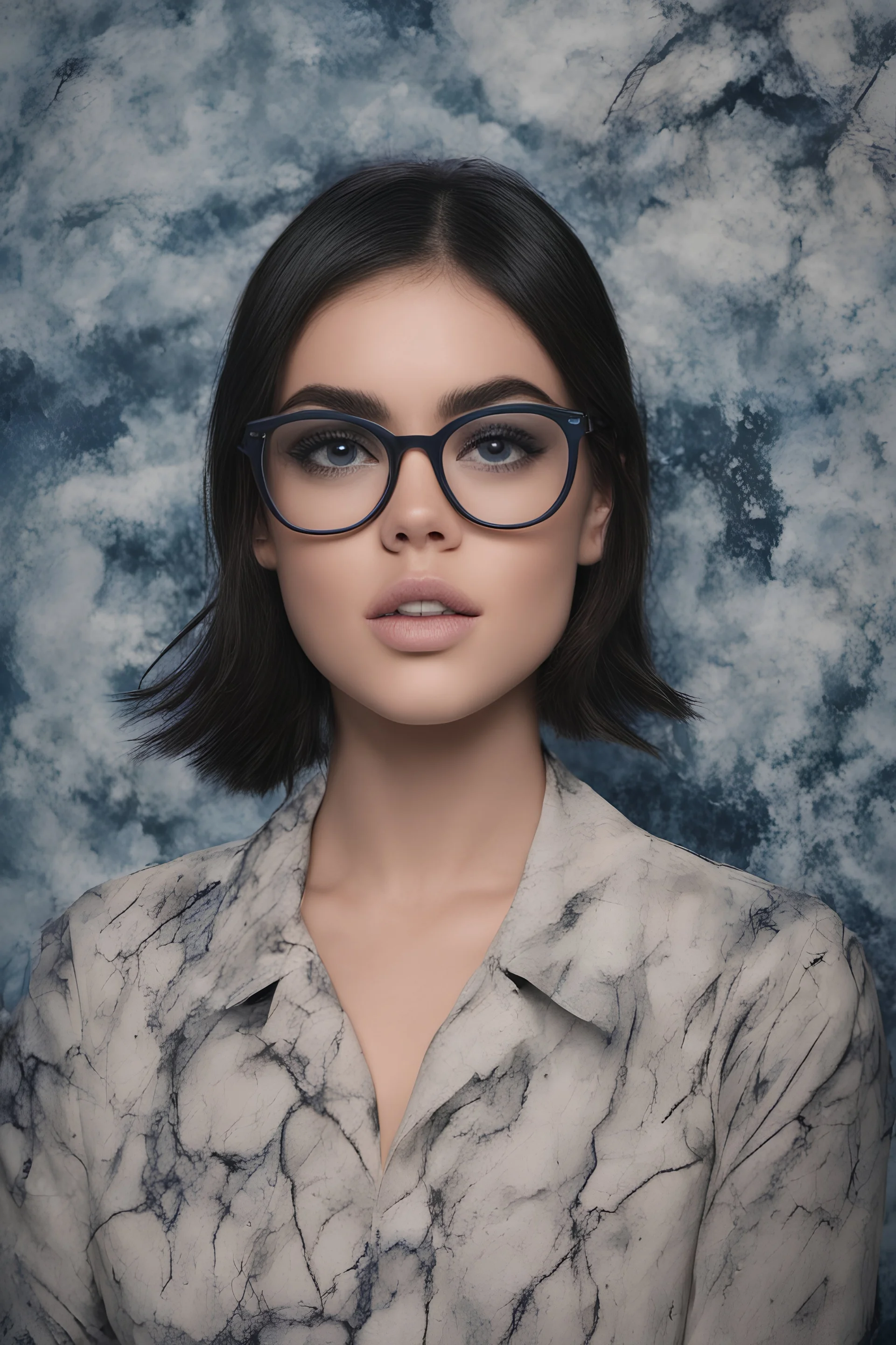 cross-eyed Lucy Hale Hailee Steinfeld hybrid, , 4k UHD, photorealistic, ((big, full, plump, pouty lips:1.5)) black hair, big cat-eye eyeglasses, dark blue foggy gradated marble wall background