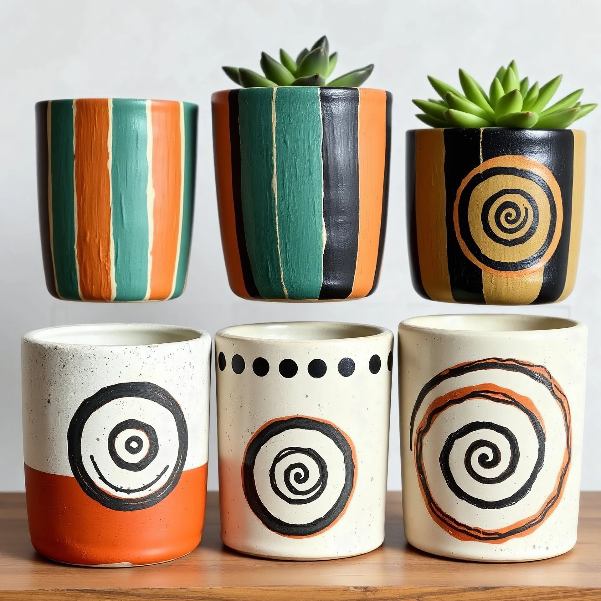 "A set of handmade ceramic planters with a rustic, tribal-inspired design. Each planter features vertical stripes and spiral motifs in a palette of earthy and muted colors, including shades of orange, teal, green, and black. The designs include rough, hand-painted textures with visible brush strokes, giving each planter a unique, artisan look. Some planters have alternating colored stripes, while others display spiral patterns inside circular frames. The ove
