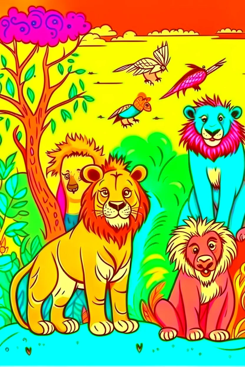 COLORED DRAW LION, PANDA, GIRAFFE AND MONKEY ON THE JUNGLE, CARTOON STYLE, LOW DETAILS, THICK LINES