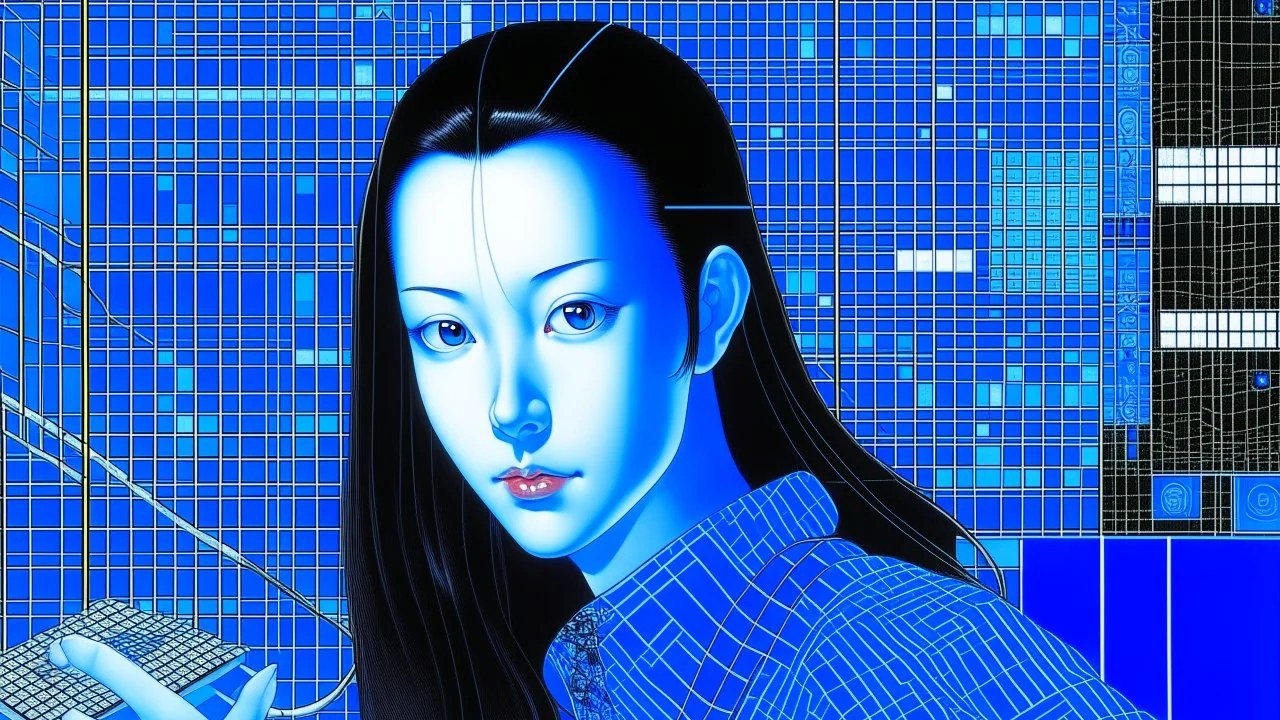 An illustration by Kuniyoshi and Matisse of a tech-girl inside a digital blue matrix-grid.