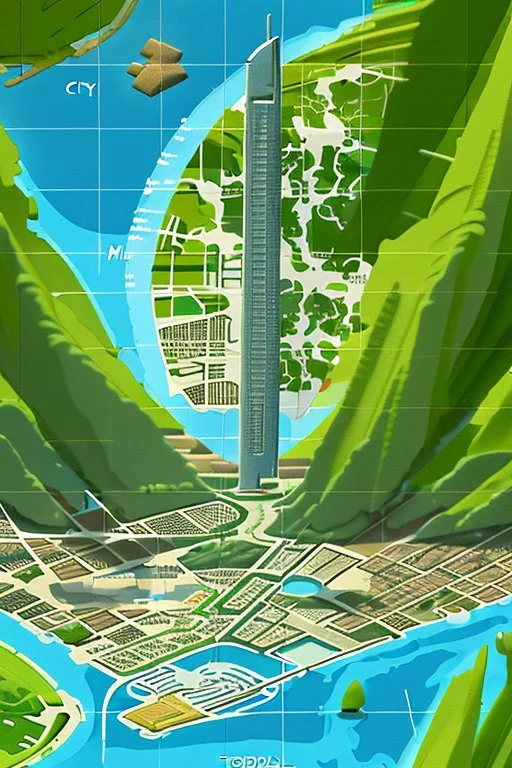 high detail map of an entire tropical dystopian small capital city