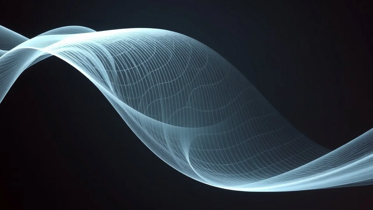 Creación de composición performática con curva paramétrica y patrón de bifurcación con volumen implícito y color translúcido estilo arte cinético