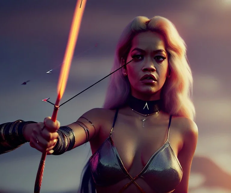 Rita ora, longbow, holding arrow, fire, long curly black hair, choker, hands