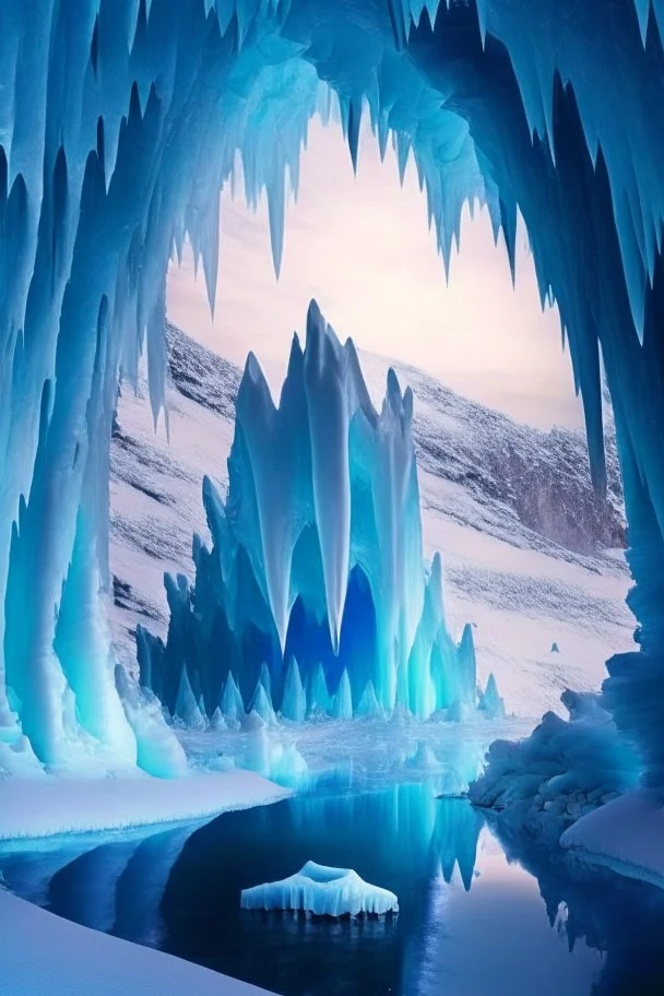 A frozen landscape with a giant frozen caveroof over it